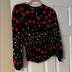 Banana Republic Black Blouse with Red and Yellow Floral Design